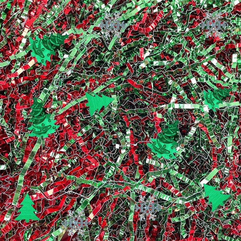 GlyinnHe 450g/1lb Christmas Crinkle Cut Paper Shred, Xmas Red Green Metallic Raffia Paper Confetti Shred Filler for Gift Baskets Box Filler Christmas Party Supply - Image 1